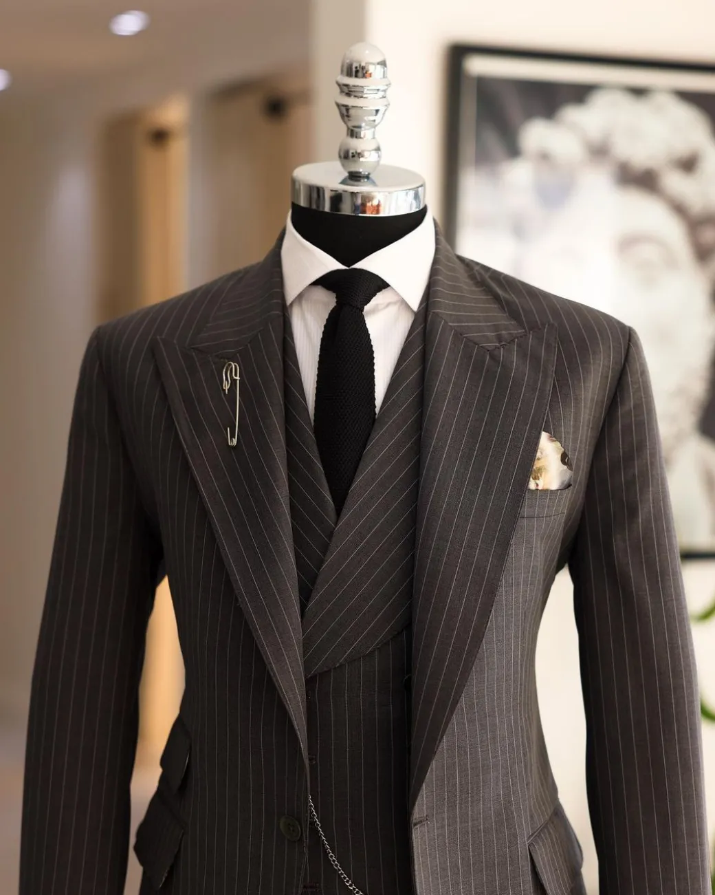 A Grey Pencil Stripe, Nobility, Knitted, Peak Lapel Suit
