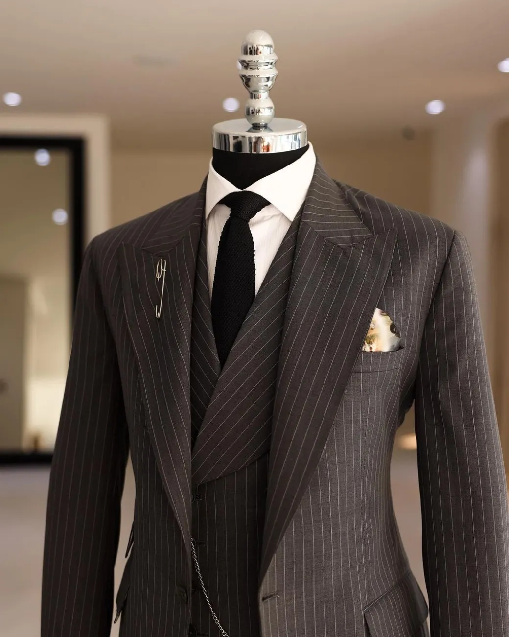 A Grey Pencil Stripe, Nobility, Knitted, Peak Lapel Suit