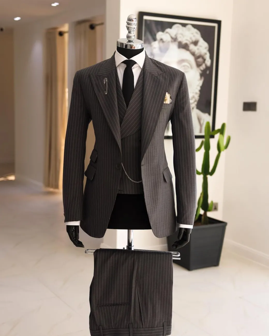 A Grey Pencil Stripe, Nobility, Knitted, Peak Lapel Suit