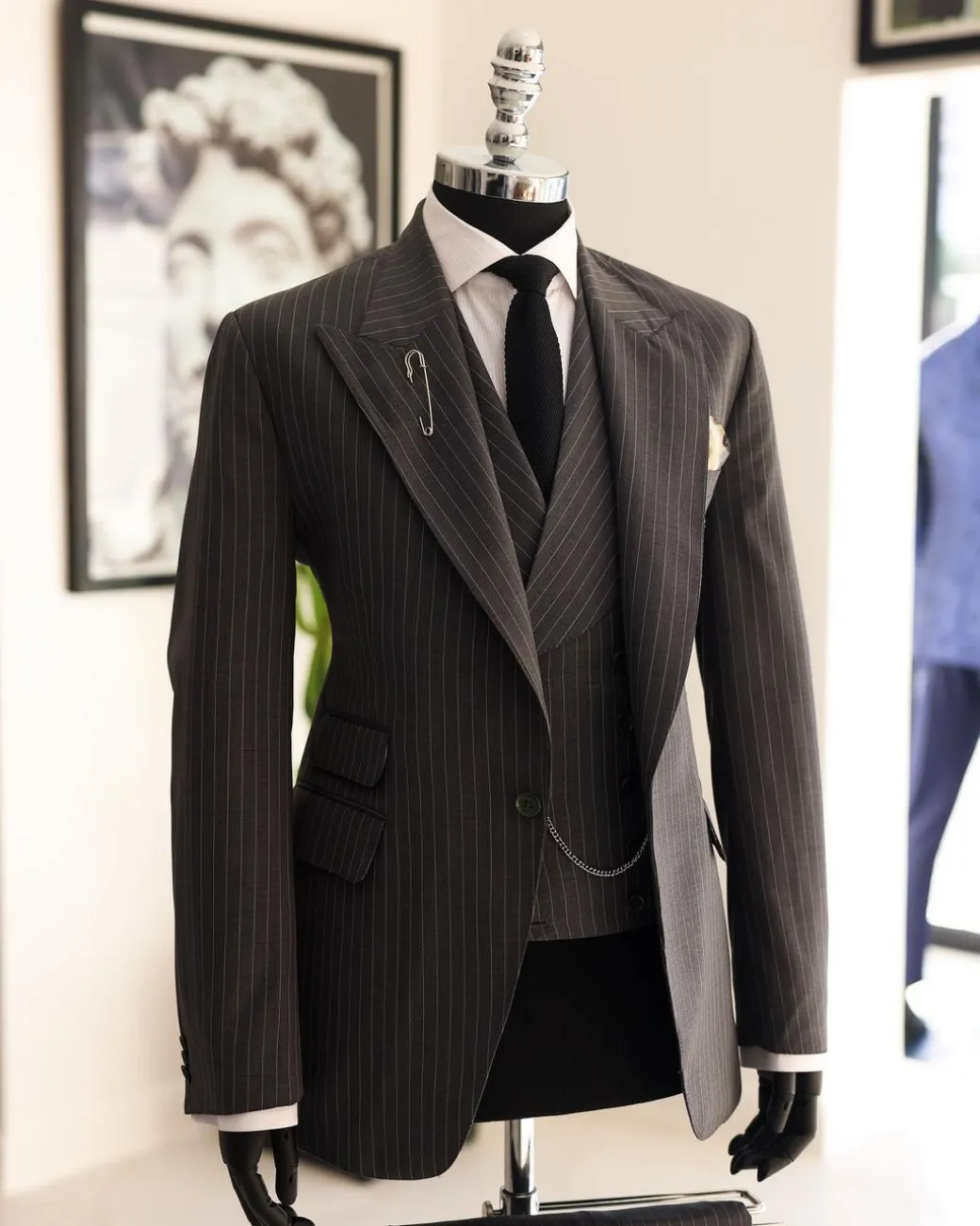 A Grey Pencil Stripe, Nobility, Knitted, Peak Lapel Suit