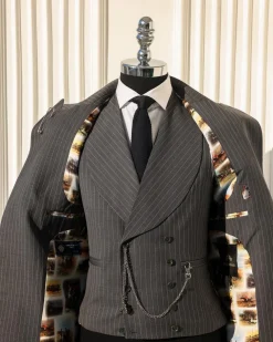 A Grey Pencil Stripe, Nobility, Knitted, Peak Lapel Suit
