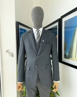 A Grey pencil stripe peak lapel suit, double-breasted notch lapel suit