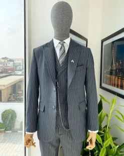 A Grey pencil stripe peak lapel suit, double-breasted notch lapel suit