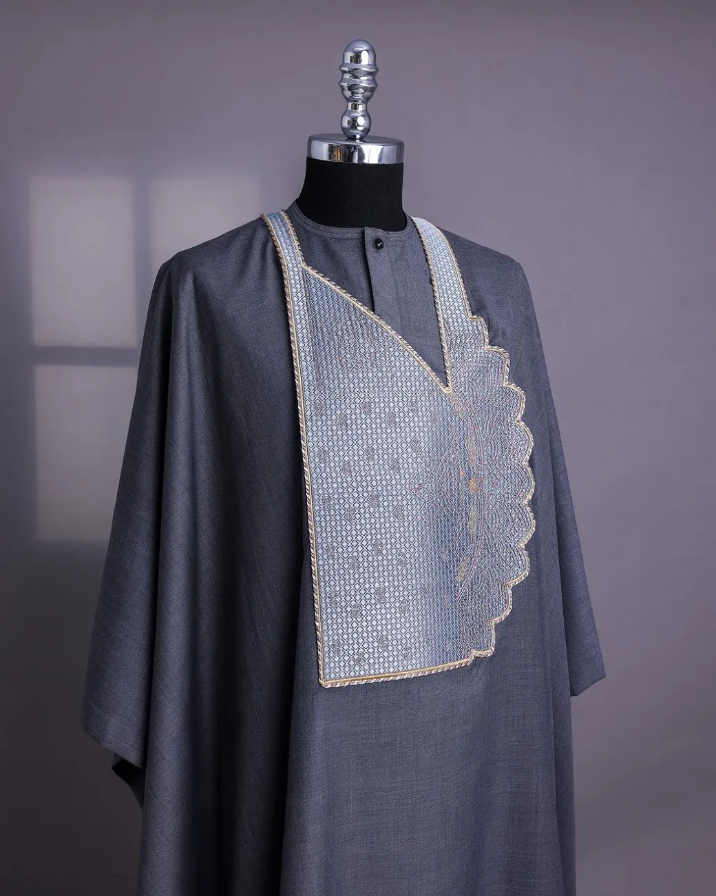 A Grey, Sided Pagoda Embroidery Details Agbada