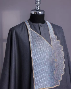 A Grey, Sided Pagoda Embroidery Details Agbada