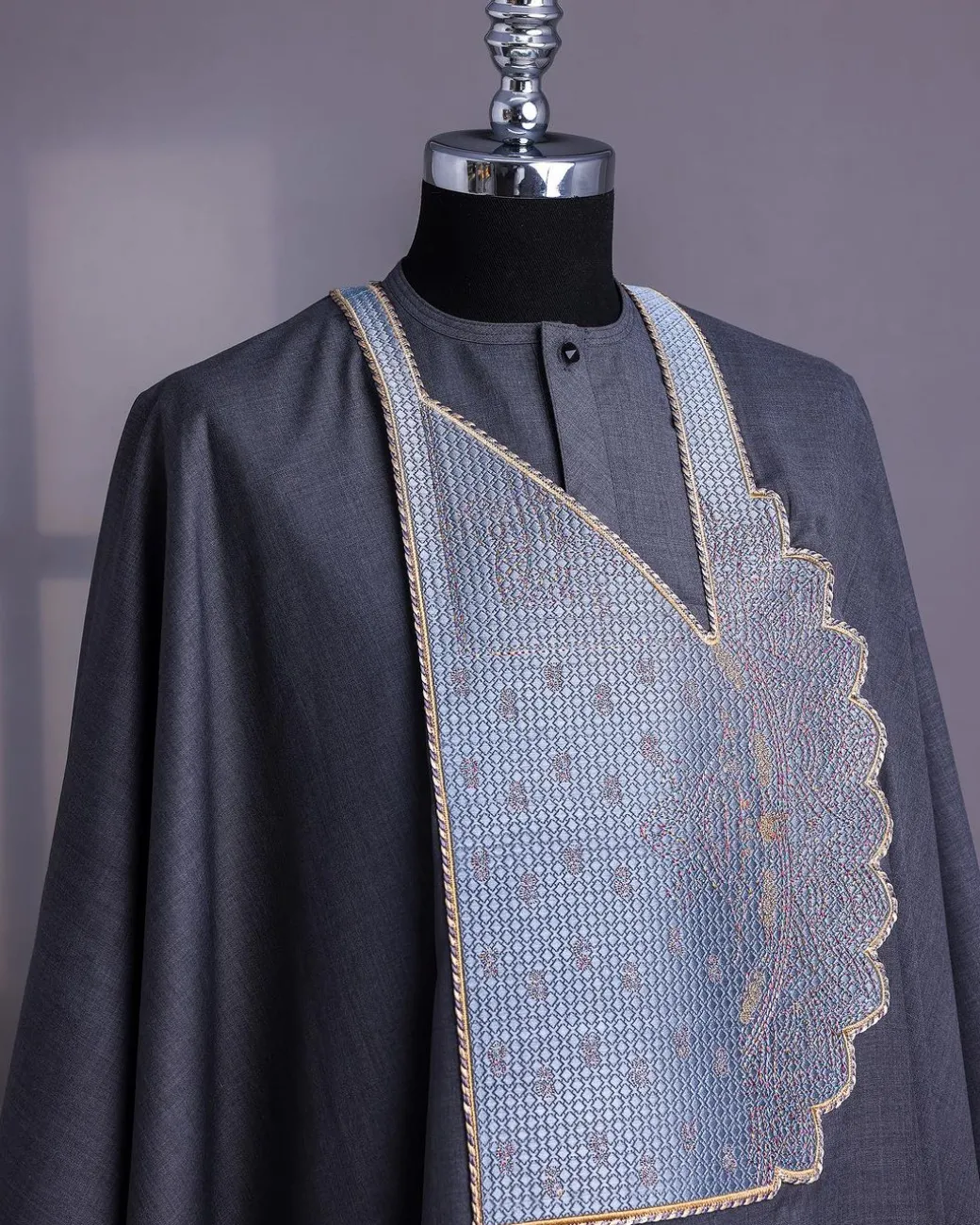 A Grey, Sided Pagoda Embroidery Details Agbada