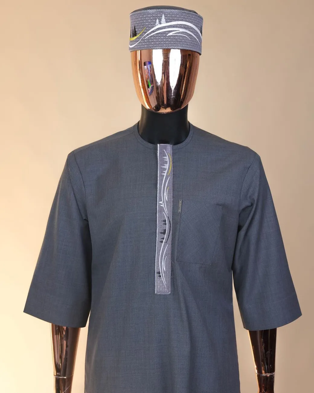A grey, undulating lane embroidery, 3/4-sleeve African senator kaftan native