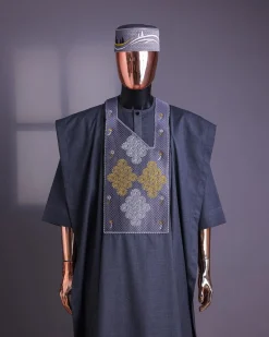 A Grey, Wooven Interconnected Square Details Agbada