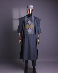 A Grey, Wooven Interconnected Square Details Agbada