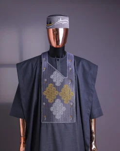 A Grey, Wooven Interconnected Square Details Agbada