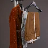 A half mix double breasted pistachio green, pink and brown metallic jacquard, walnut brown velvet suit