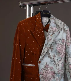 A half mix double breasted pistachio green, pink and brown metallic jacquard, walnut brown velvet suit