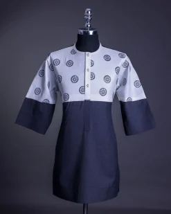 A Half-cut, white & grey Front flap with crystals Swarovski buttons, ring embroidery on white, 3/4 sleeve details African senator kaftan native.