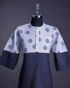 A Half-cut, white & grey Front flap with crystals Swarovski buttons, ring embroidery on white, 3/4 sleeve details African senator kaftan native.