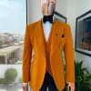 A Hand knitted soaked Italian velvet ochre yellow peak lapel suit