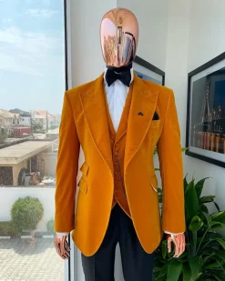 A Hand knitted soaked Italian velvet ochre yellow peak lapel suit