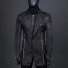 A hand knitted, “Ziplock” charcoal black dotted and dispersed floral paisley Jacquard blazer suit