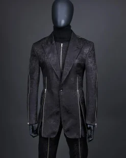 A hand knitted, “Ziplock” charcoal black dotted and dispersed floral paisley Jacquard blazer suit