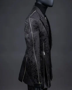 A hand knitted, “Ziplock” charcoal black dotted and dispersed floral paisley Jacquard blazer suit