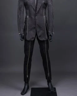 A hand knitted, “Ziplock” charcoal black dotted and dispersed floral paisley Jacquard blazer suit
