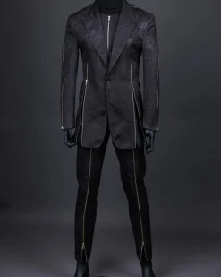 A hand knitted, “Ziplock” charcoal black dotted and dispersed floral paisley Jacquard blazer suit