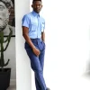 A Herringbone mix shade of blue English spread collar short sleeve casual shirt with double patch pocket.