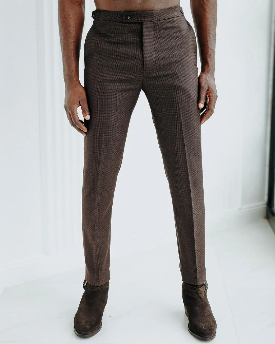 A Hickory brown & black check, nobility, tapered cut pant with side metal adjuster.