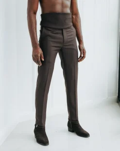 A Hickory brown & black check, nobility, tapered cut pant with side metal adjuster.
