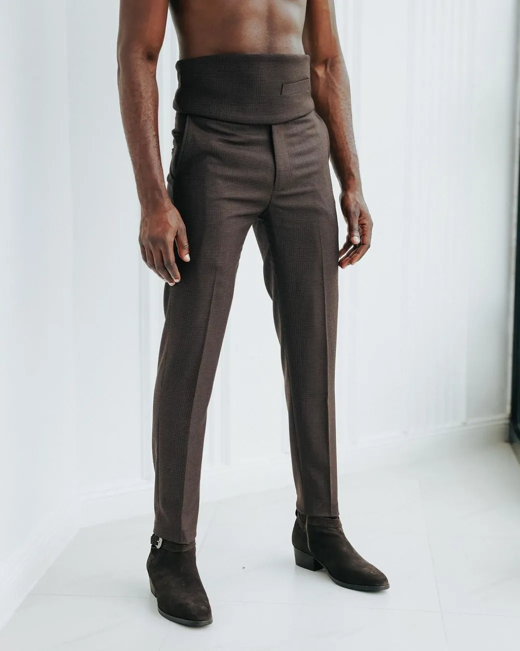 A Hickory brown & black check, nobility, tapered cut pant with side metal adjuster.