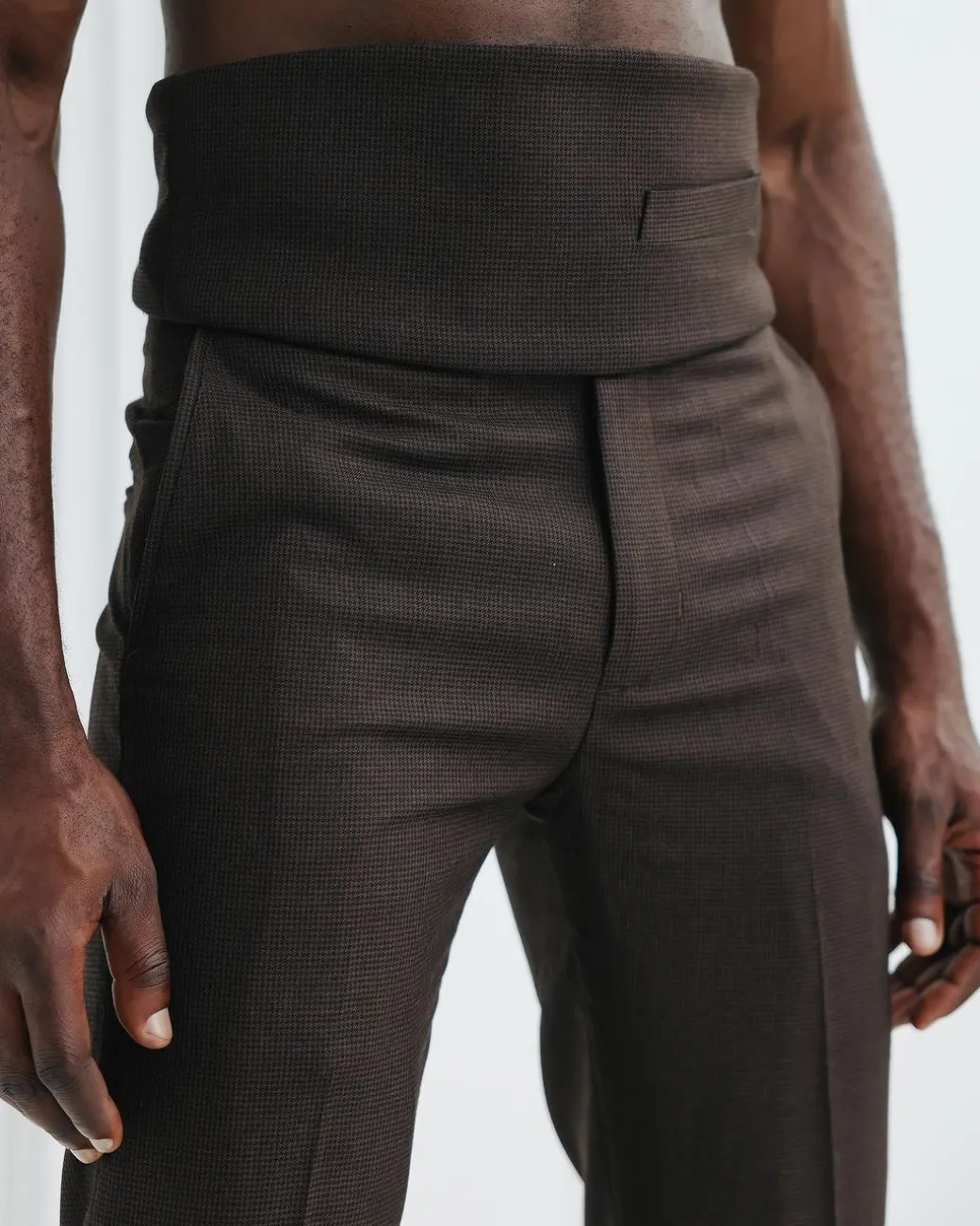A Hickory brown & black check, nobility, tapered cut pant with side metal adjuster.
