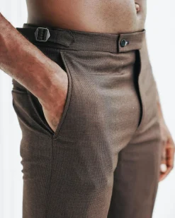 A Hickory brown & black check, nobility, tapered cut pant with side metal adjuster.