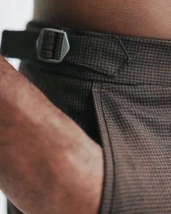 A Hickory brown & black check, nobility, tapered cut pant with side metal adjuster.