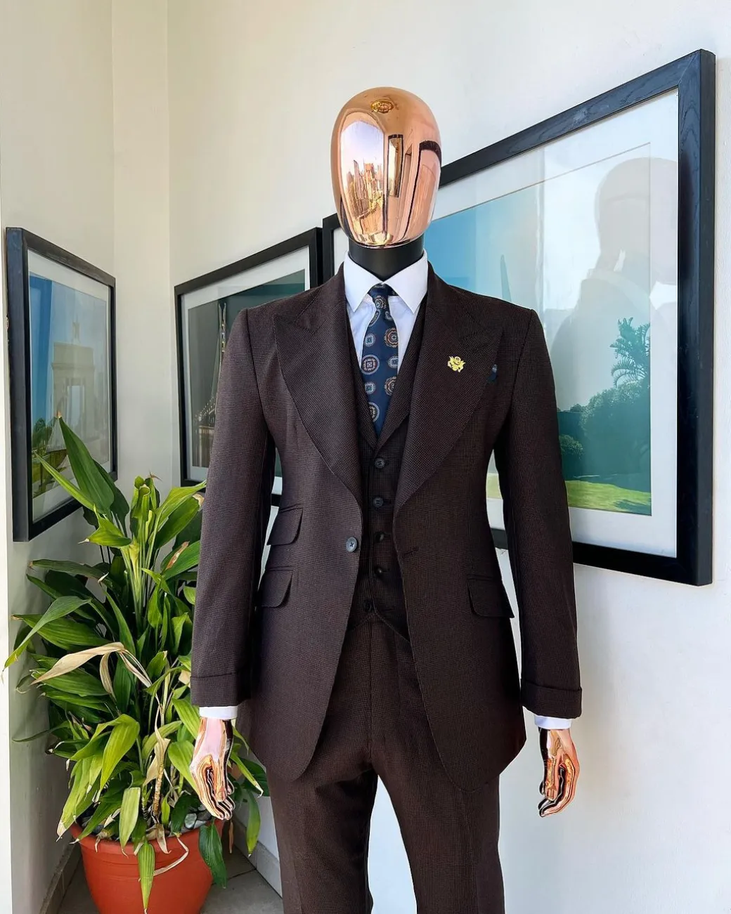 A Hickory Brown And Black Nobility Check, Knitted, Peak Lapel Suit