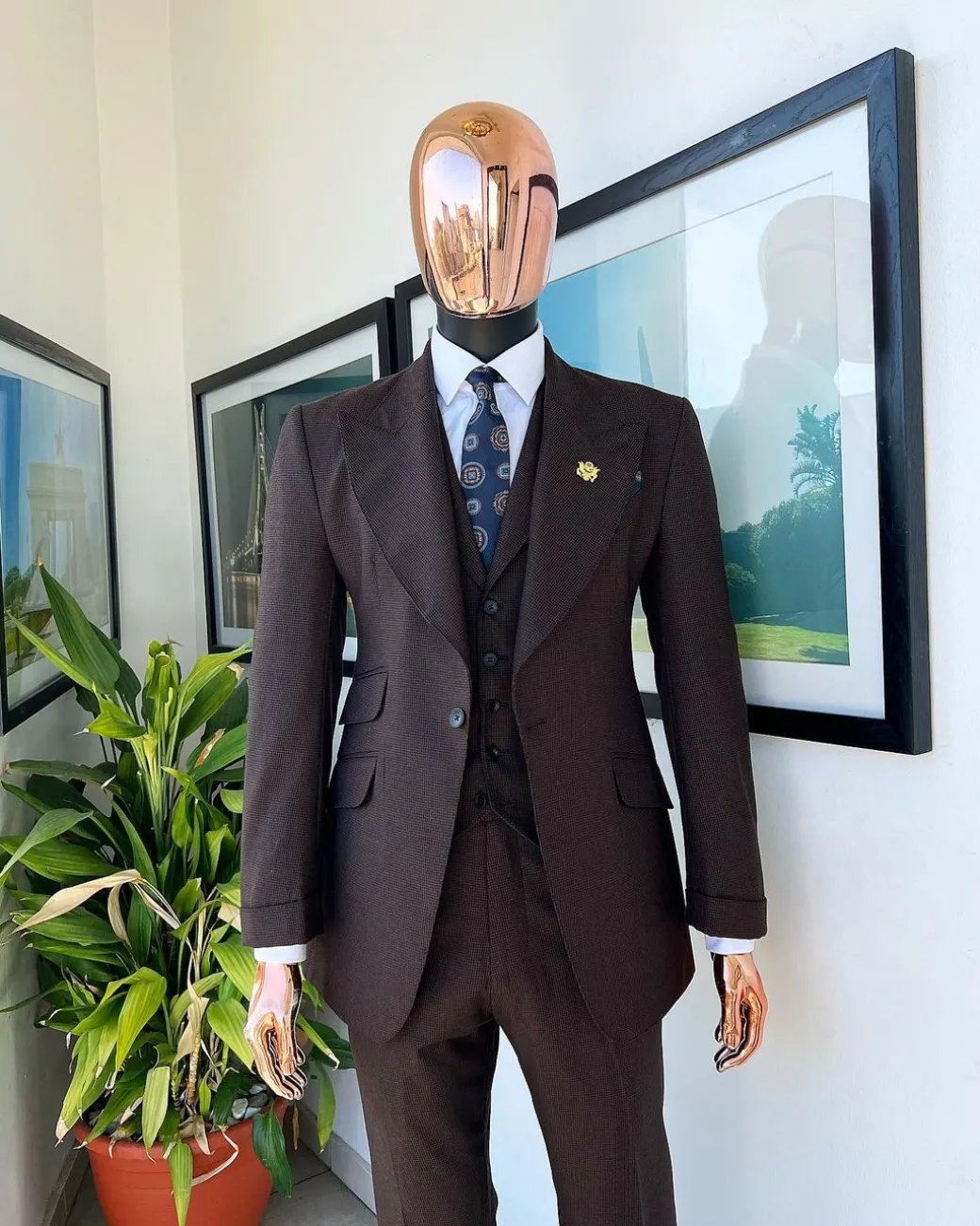 A Hickory Brown And Black Nobility Check, Knitted, Peak Lapel Suit