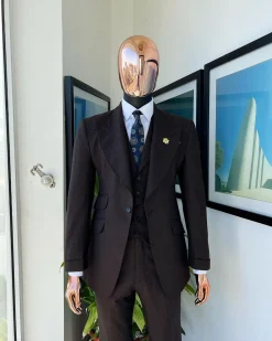 A Hickory Brown And Black Nobility Check, Knitted, Peak Lapel Suit