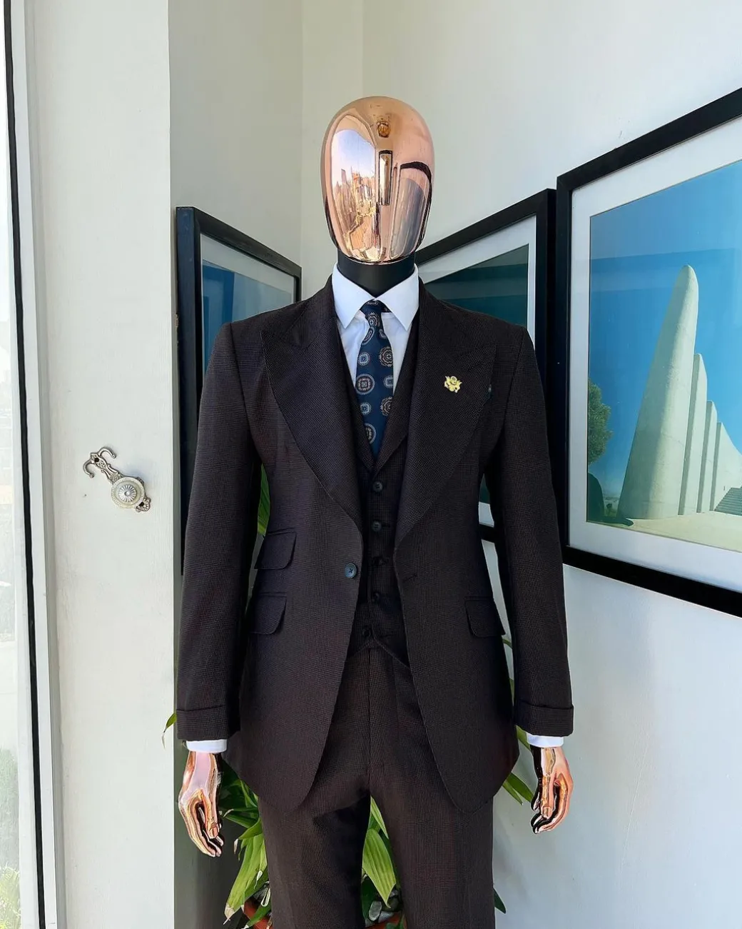 A Hickory Brown And Black Nobility Check, Knitted, Peak Lapel Suit