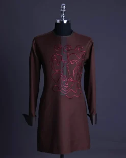 A Hickory Brown, front flap with “Eve Of May” embroidery detailing African senator kaftan native.