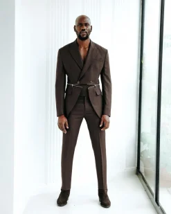A Hickory Monochrome Brown And Black Nobility Check, Knitted, Double-Breasted “Zipper” Peak Lapel Suit