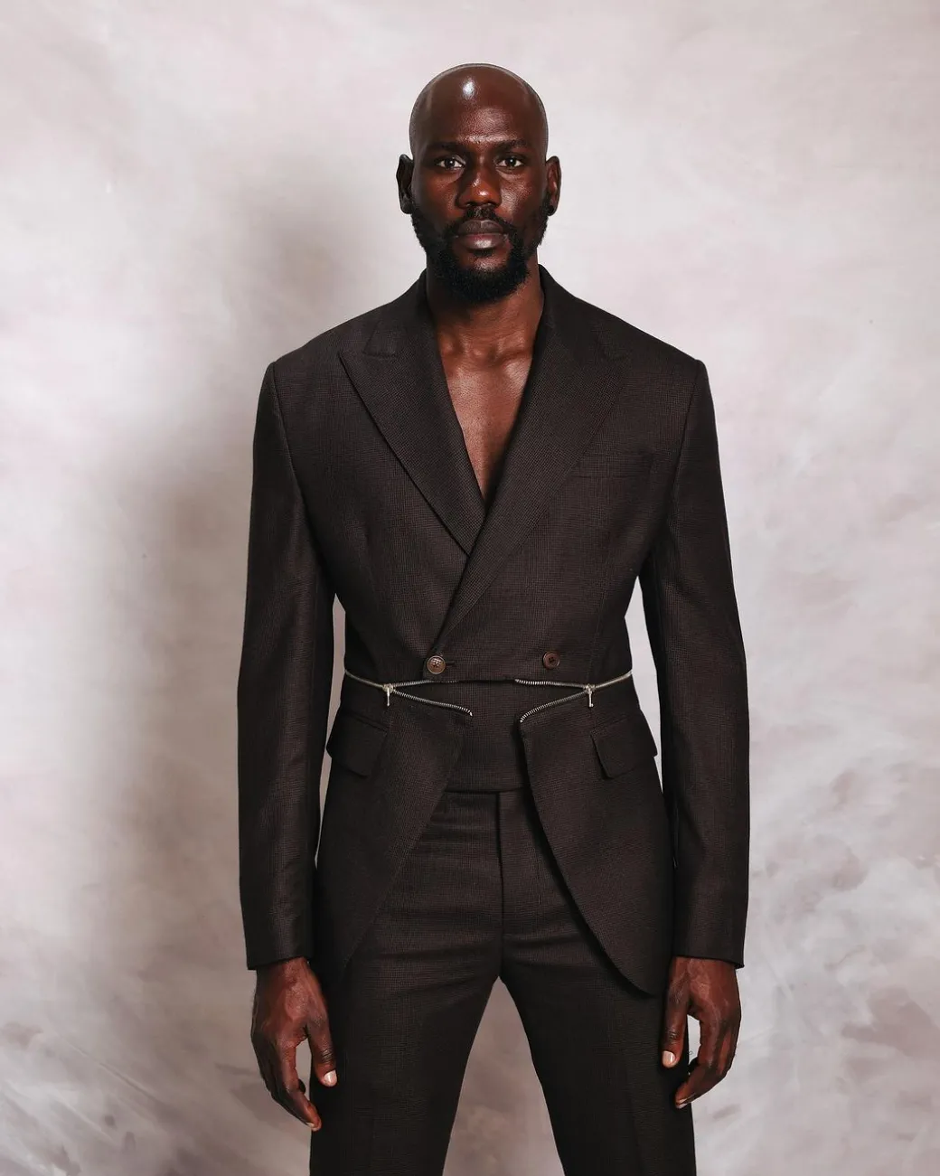 A Hickory Monochrome Brown And Black Nobility Check, Knitted, Double-Breasted “Zipper” Peak Lapel Suit