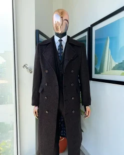 A Hikory Brown – Jorgecarli Vogue jacket – “Sicilian” Peak Lapel Double Breasted Trench suit, peak lapel suit, classic waist coat, hat & pant Trouser.