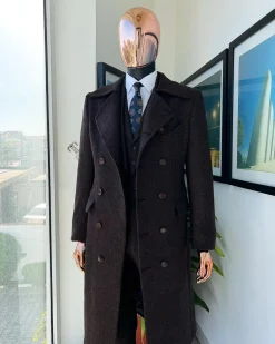 A Hikory Brown – Jorgecarli Vogue jacket – “Sicilian” Peak Lapel Double Breasted Trench suit, peak lapel suit, classic waist coat, hat & pant Trouser.