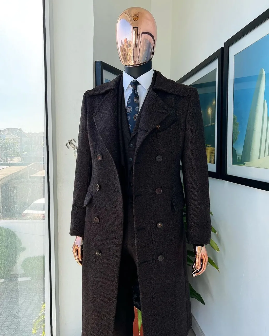 A Hikory Brown – Jorgecarli Vogue jacket – “Sicilian” Peak Lapel Double Breasted Trench suit, peak lapel suit, classic waist coat, hat & pant Trouser.