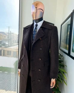 A Hikory Brown – Jorgecarli Vogue jacket – “Sicilian” Peak Lapel Double Breasted Trench suit, peak lapel suit, classic waist coat, hat & pant Trouser.