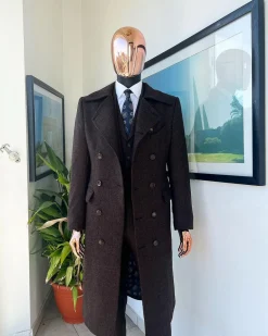 A Hikory Brown – Jorgecarli Vogue jacket – “Sicilian” Peak Lapel Double Breasted Trench suit, peak lapel suit, classic waist coat, hat & pant Trouser.
