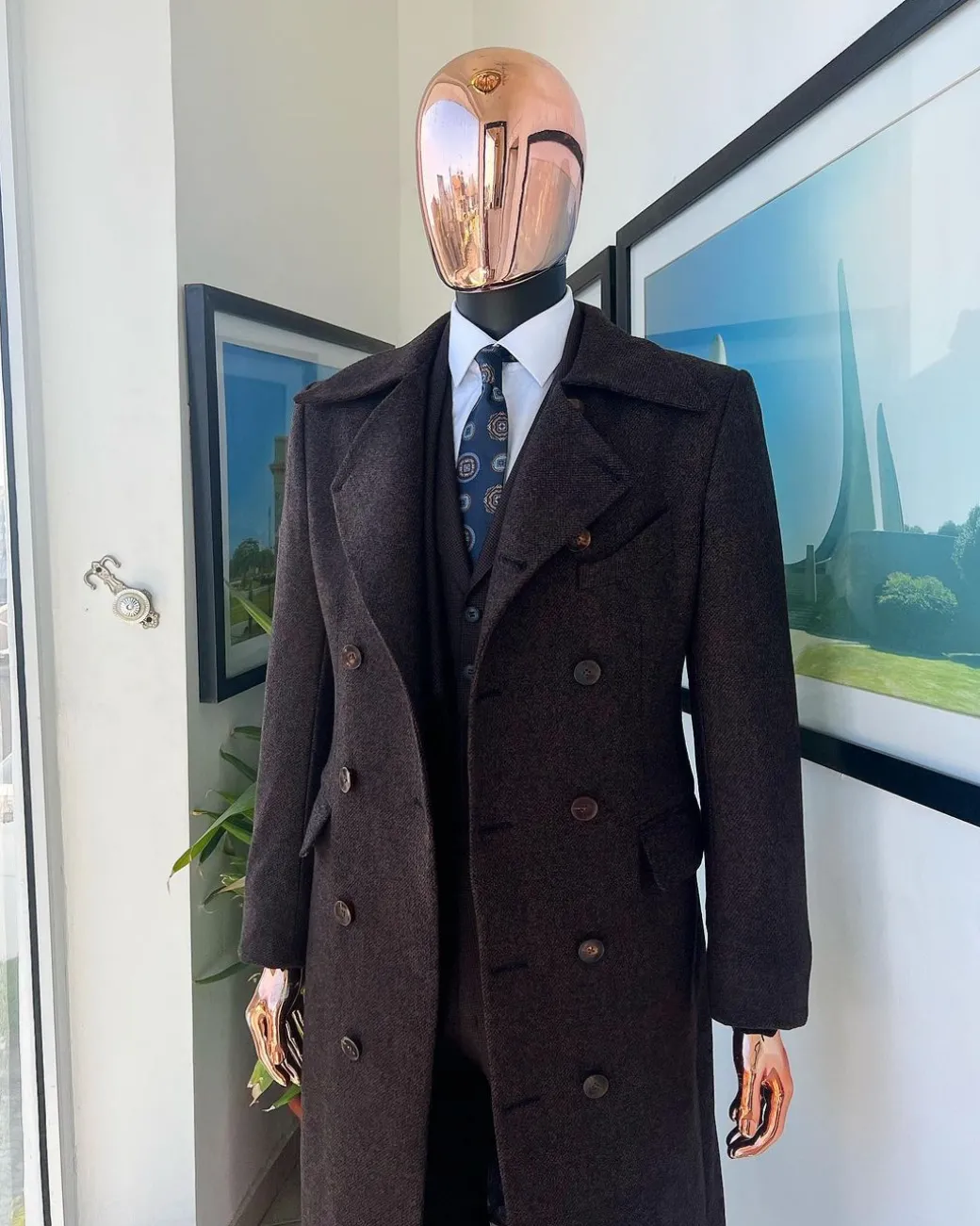 A Hikory Brown – Jorgecarli Vogue jacket – “Sicilian” Peak Lapel Double Breasted Trench suit, peak lapel suit, classic waist coat, hat & pant Trouser.