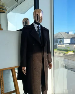 A Hikory Brown – Jorgecarli Vogue jacket – “Sicilian” Peak Lapel Double Breasted Trench suit, peak lapel suit, classic waist coat, hat & pant Trouser.
