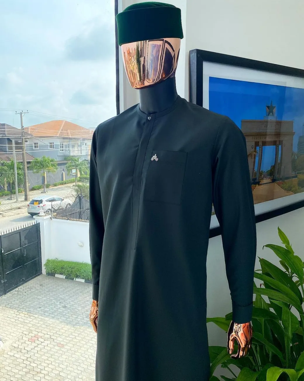 A Hunter Green, Tiny Flap long-length African traditional senator kaftan native and Sokoto