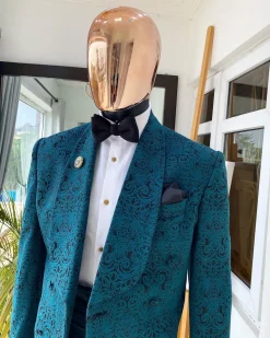 A “Jonnie Walker” shawl lapel double breasted green floral pattern jacquard tuxedo suit