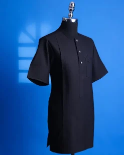 A Jorgecarli, charcoal black, invisible square patterns, front flap with silver Swarovski button African senator kaftan.