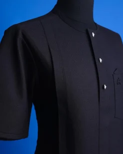 A Jorgecarli, charcoal black, invisible square patterns, front flap with silver Swarovski button African senator kaftan.